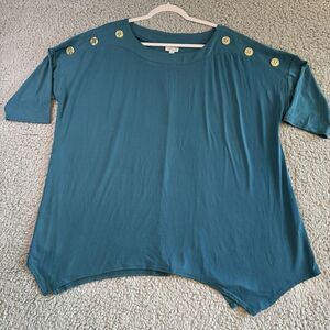 Avenue Women's Dark Teal Blue Gold Buttons Short Sleeve Tunic Top Size 18/20 NWT